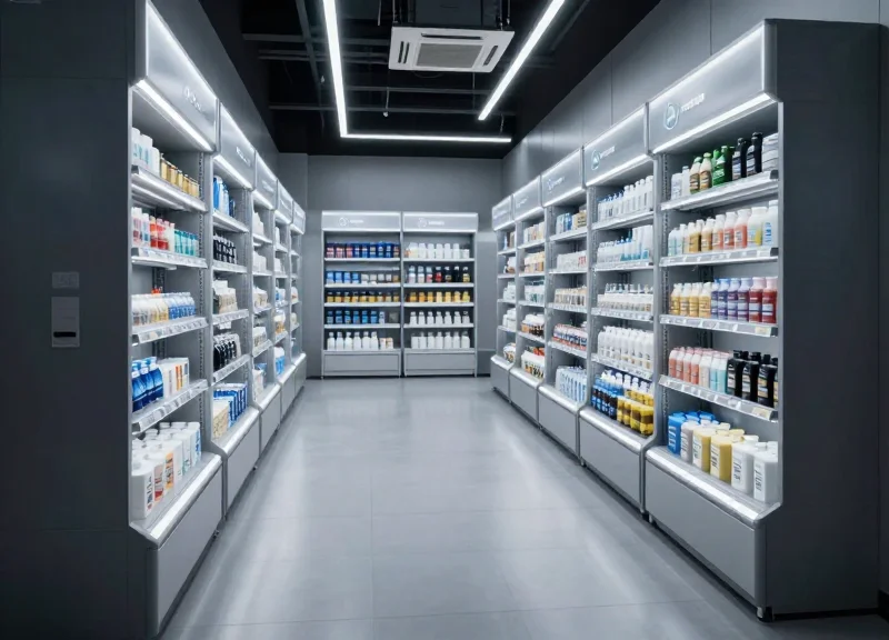 A modern autonomous convenience store interior with high-tech shelving and futuristic lighting