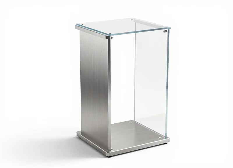 A sleek, transparent acrylic EAS security pedestal with a modern minimalist design