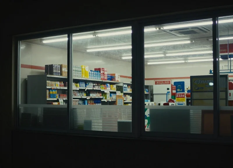 A cinematic shot of a gas station mart at night with glowing lights and an empty aisle.