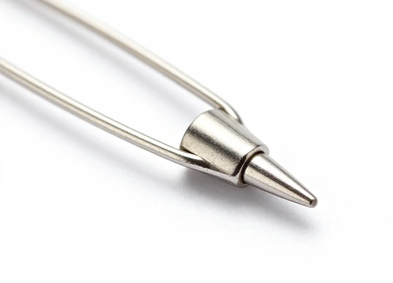 Macro view of ultra-fine security pins designed to not damage fabric or packaging.