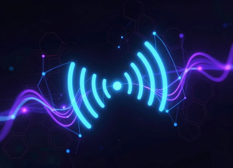 Abstract visualization of RFID signals and data flow in a retail environment.