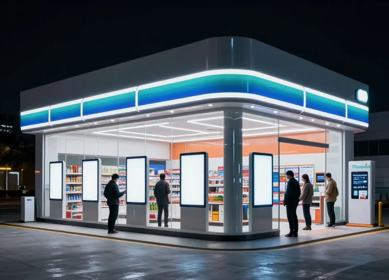 A futuristic autonomous convenience store at a modern forecourt with digital displays and sleek architecture at night.