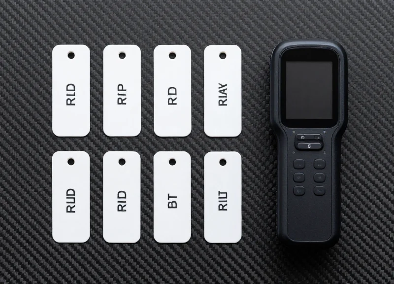 A neatly organized flat lay of retail RFID tags and digital scanning sensors on a professional background.