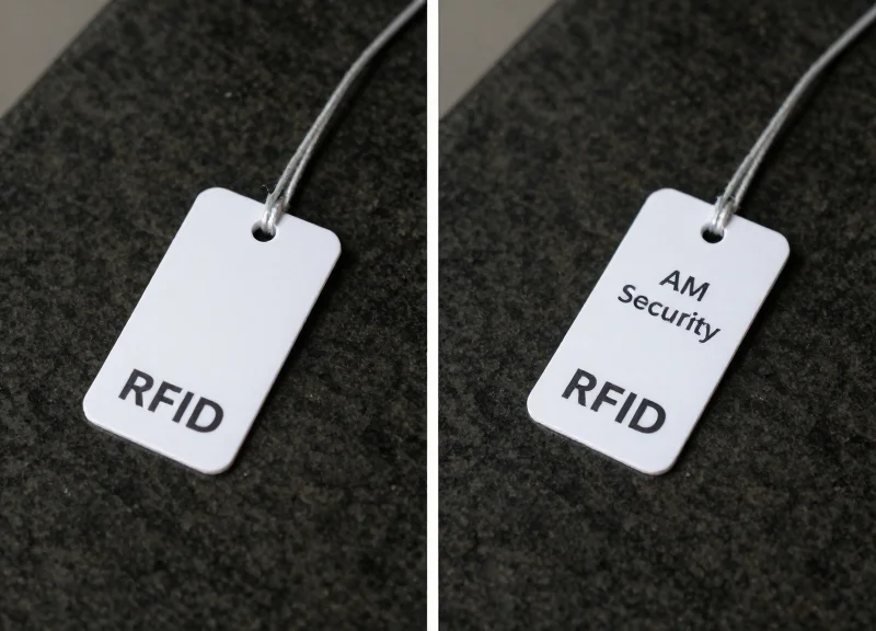 Side-by-side comparison of two different types of retail security tags on a clean dark surface.