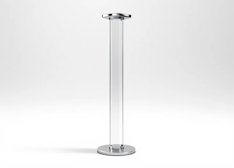 A sleek, minimalist security antenna pillar for retail entryways on a pure white background.