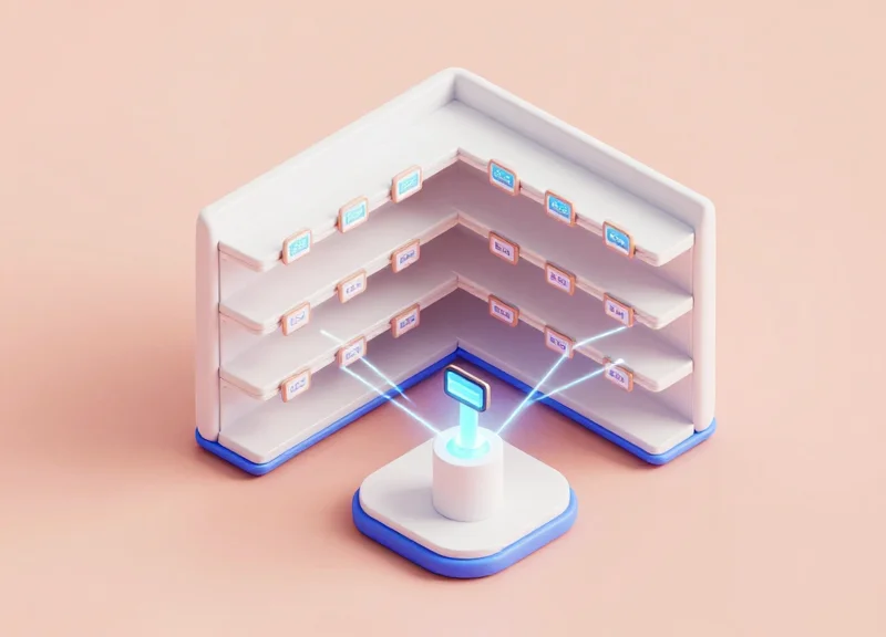 3D isometric model showing the integration of security gates and digital price tags in a retail store.