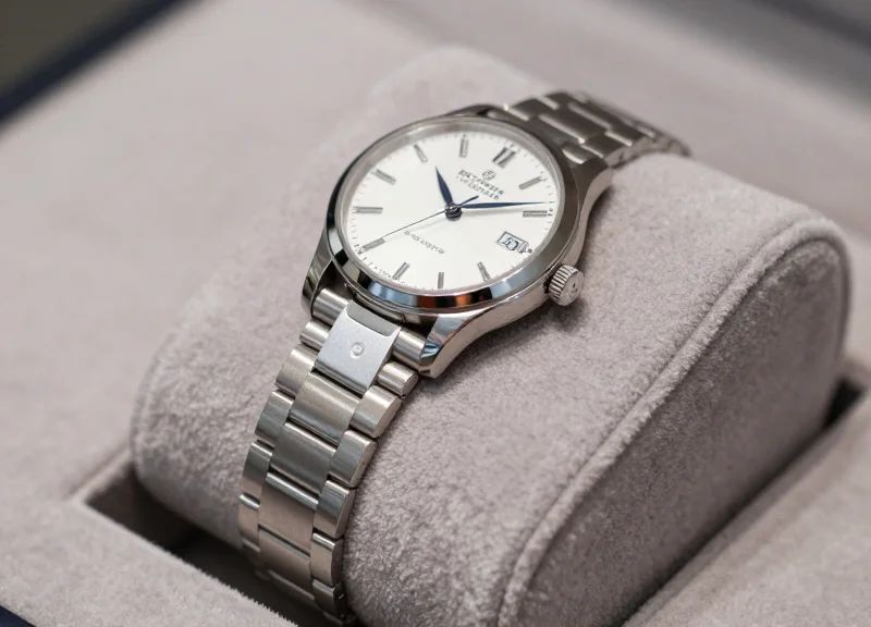 Extreme close-up of a high-end luxury watch with a discreet security tag attached.