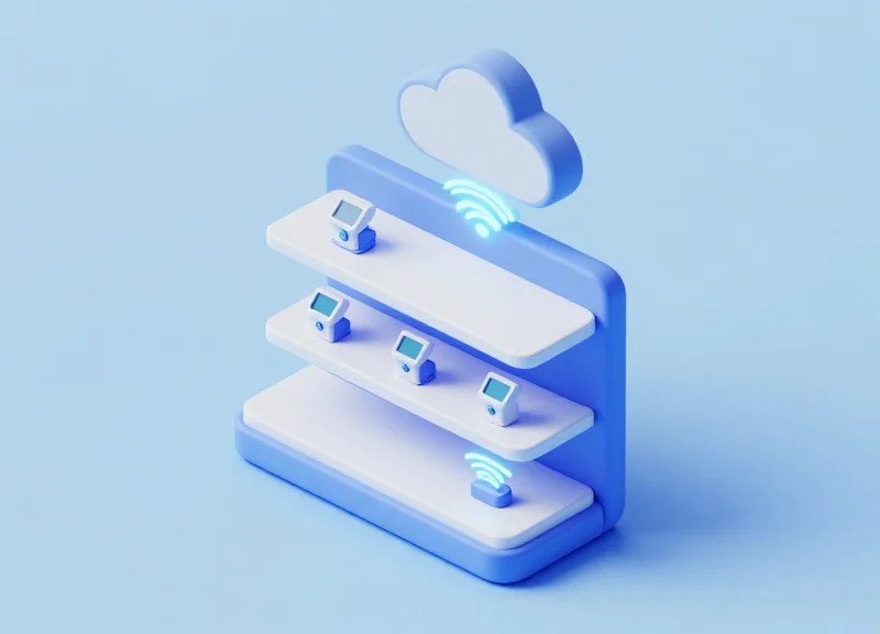 An isometric 3D model of a retail shelf integrated with RFID technology and cloud data flow.