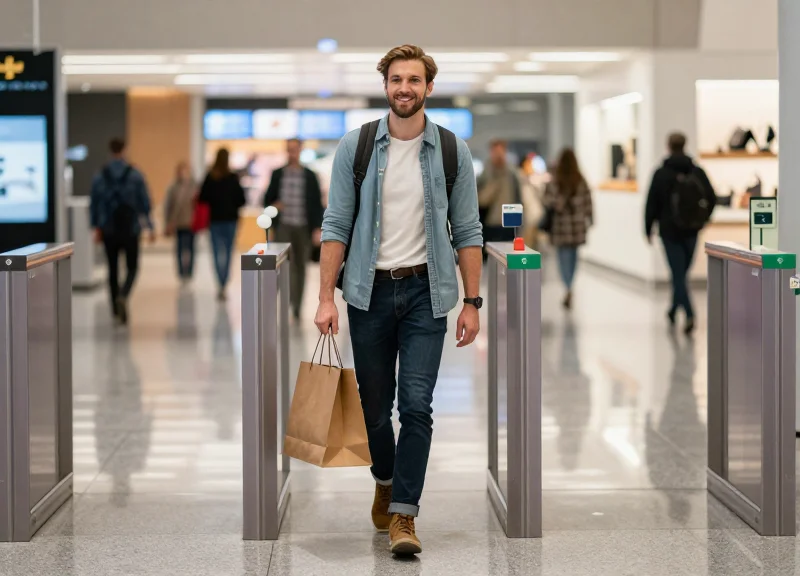 A passenger holding a high-end product in a duty-free shop with sleek, nearly invisible security pedestals.