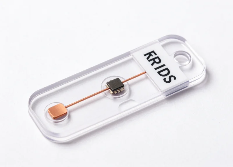 Close-up of a hybrid RFID-EAS security tag showing its internal components.