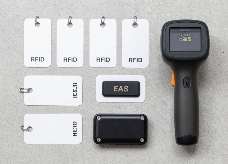 Flat lay of warehouse hardware including RFID tags and handheld scanners.