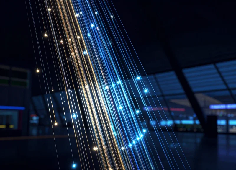 Abstract visualization of glowing data streams and nodes representing the future of digital retail security in 2026.