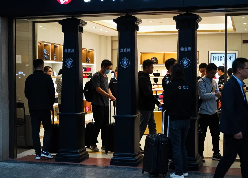 A busy airport duty-free shop entrance showing the physical barriers of traditional security pedestals.