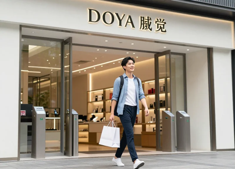 A shopper walking freely through a luxury store exit without any visible security gates, emphasizing frictionless retail.