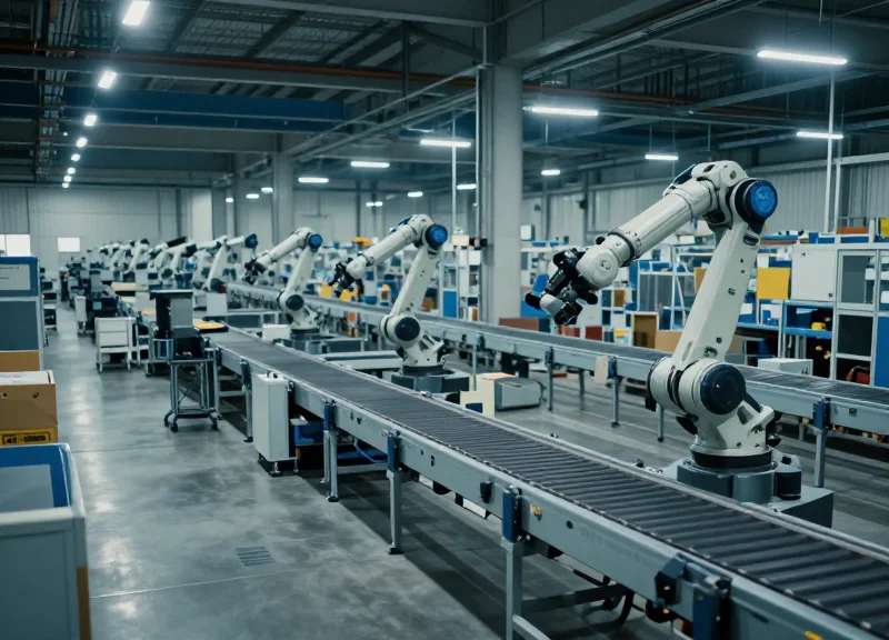 A modern, high-tech fulfillment center with automated belts and security systems in a 2026 setting.