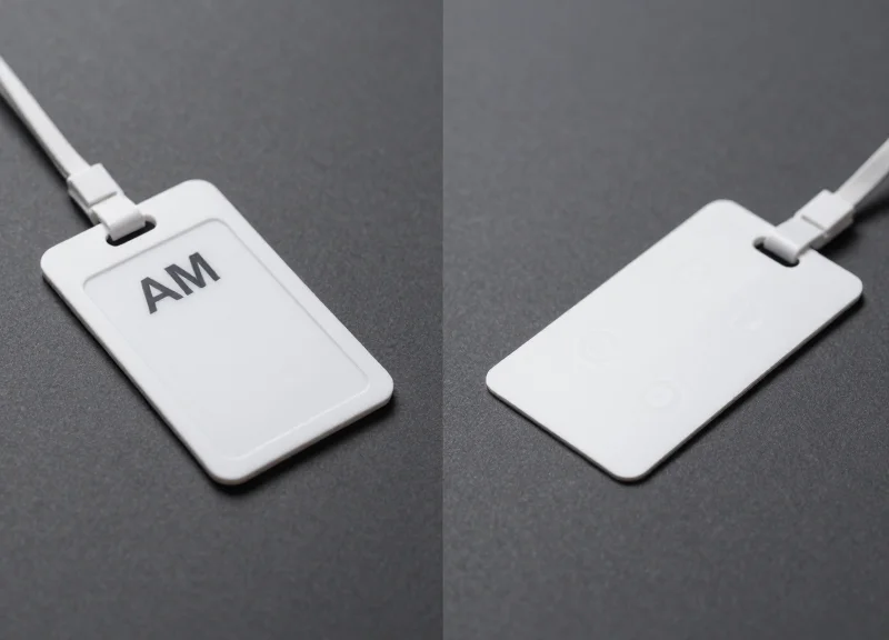 A side-by-side comparison of an AM security tag and an RFID label.