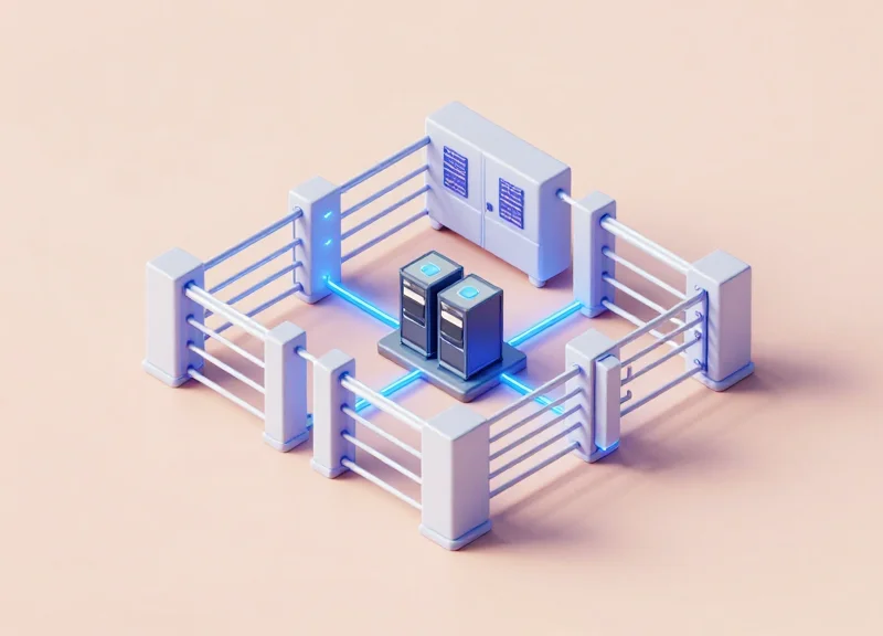 3D isometric model showing EAS security pedestals integrated with a warehouse server network.