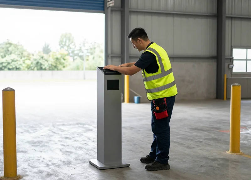 A technician installing a security pedestal at a warehouse exit zone.