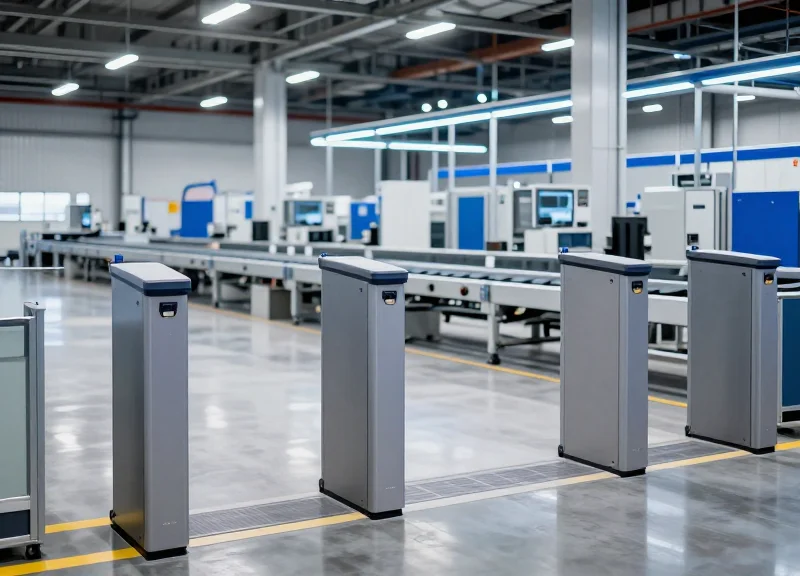 High-tech EAS security pedestals at the exit of a large, modern fulfillment center with automated logistics infrastructure in the background.