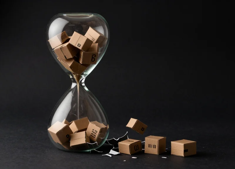 Surreal illustration representing warehouse inventory loss through a leaking hourglass