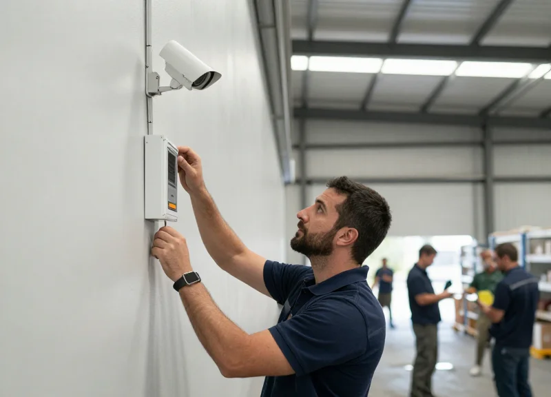 Technician installing security hardware in a warehouse without disrupting operations