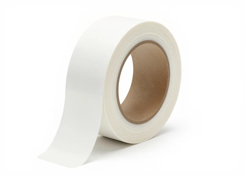 A close-up studio shot of a white 58KHz AM soft security label roll for pharmaceutical products.