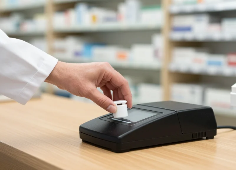 A pharmacist at a modern counter deactivating a security label on a medicine box during checkout.