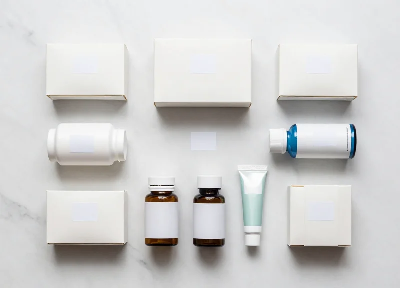 A top-down view of various pharmacy items with discreetly placed security labels.