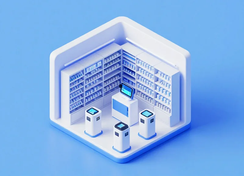 An isometric 3D model of a modern pharmacy with an integrated security system.