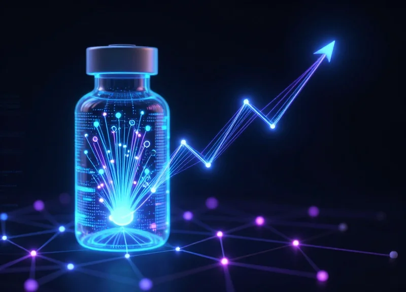 An abstract visualization of RFID signals and data intelligence in a pharmaceutical context.