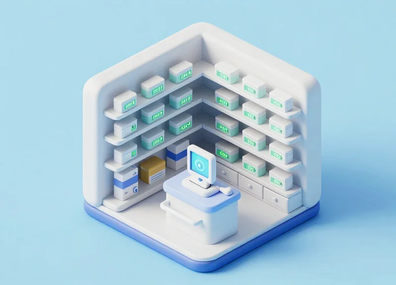 Isometric 3D model of an automated pharmacy inventory system.