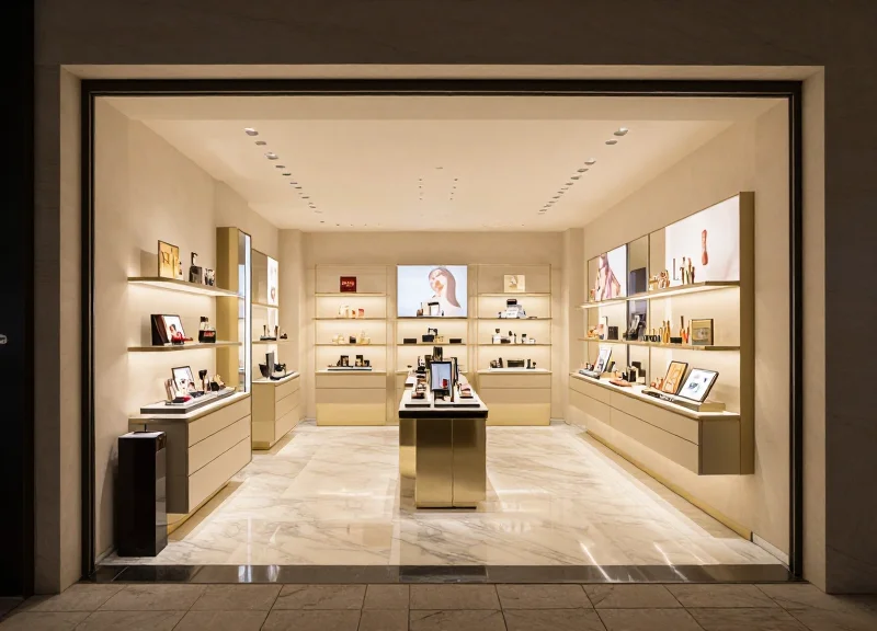 Luxury beauty boutique interior with a minimalist aesthetic and no visible security pedestals.