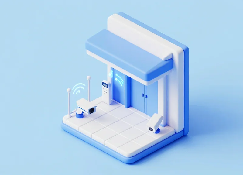 Isometric 3D view of a store entrance showing hidden under-floor and ceiling security antennas.