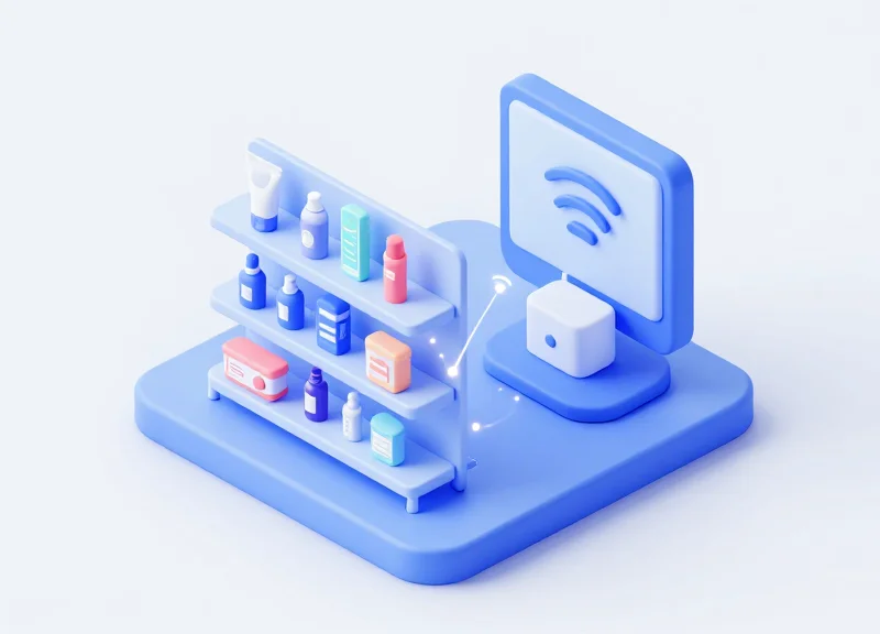 Isometric 3D model of an RFID-enabled retail shelf system showing wireless connectivity.