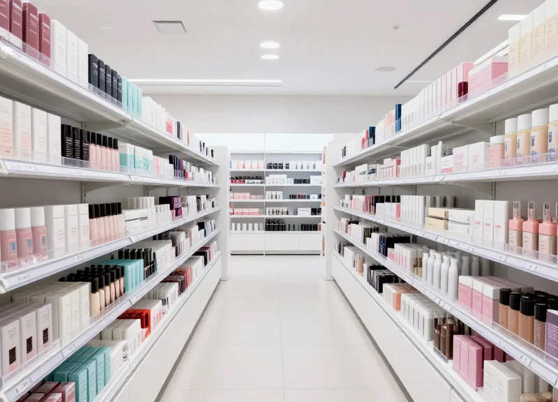 Wide shot of a well-designed beauty retail aisle with optimized visibility and strategic layout.