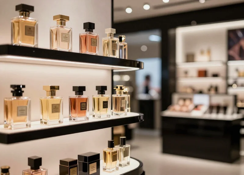 High-end luxury cosmetic store interior with soft lighting and premium products on display