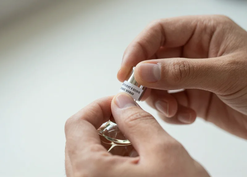 Close-up of hands applying a small security label to a delicate perfume bottle