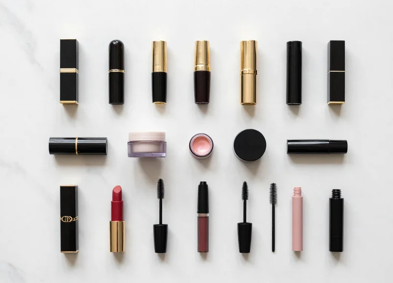 Top-down view of organized beauty products like lipstick and cream jars on a marble surface
