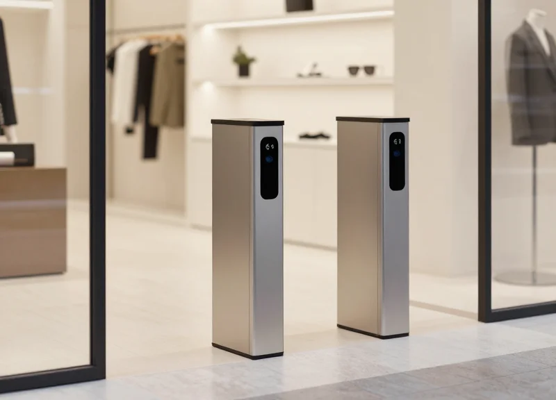 A modern retail security pedestal gate at a store exit
