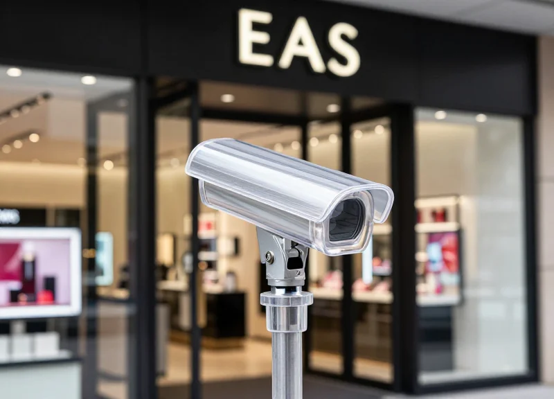 Sleek EAS security pedestals at a high-end store entrance