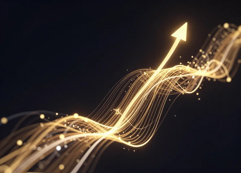 Abstract data visualization showing upward trending light trails representing business ROI and growth.