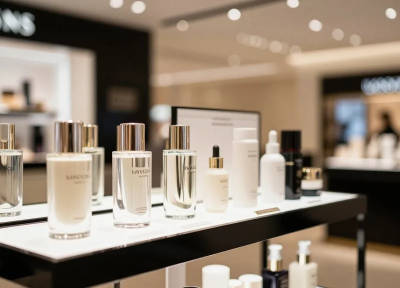 High-end skincare boutique shelf with premium glass bottles under soft ambient lighting.