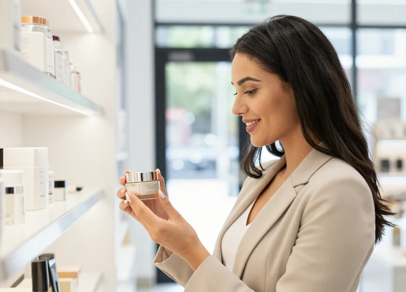 A shopper happily examining a skincare product in a store, emphasizing a seamless experience.