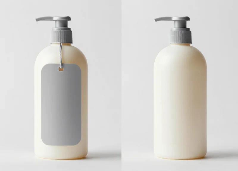 Comparison between a bulky gray security tag and a small transparent EAS label on skincare bottles.