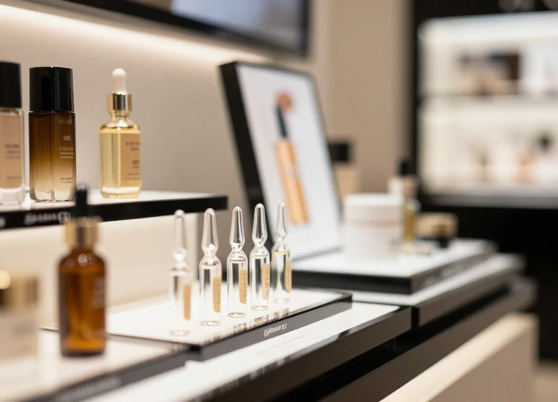 Close-up of a luxury retail skincare shelf showing small glass vials in a high-end boutique setting.