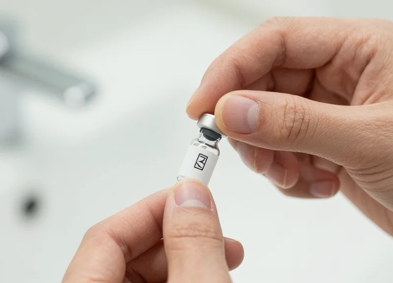 Macro shot of a person's hands applying a security tag to a small skincare vial.