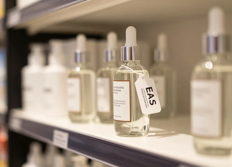 Close-up of a luxury skincare product with a traditional EAS security tag on a retail shelf.