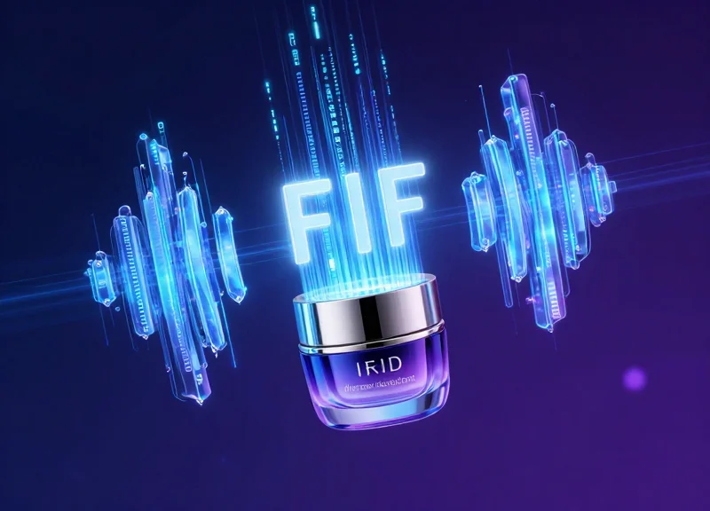 Abstract visualization of RFID signals and data streams emanating from a cosmetic product.