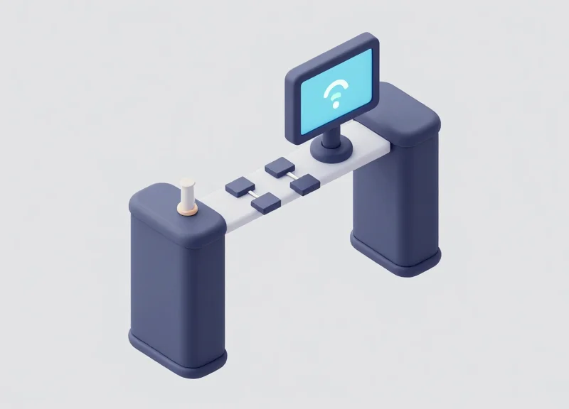 Isometric 3D model of a hybrid security gate system for retail.