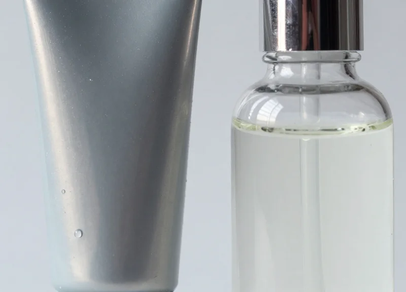 Close-up macro shot of metallic and glass skincare packaging.